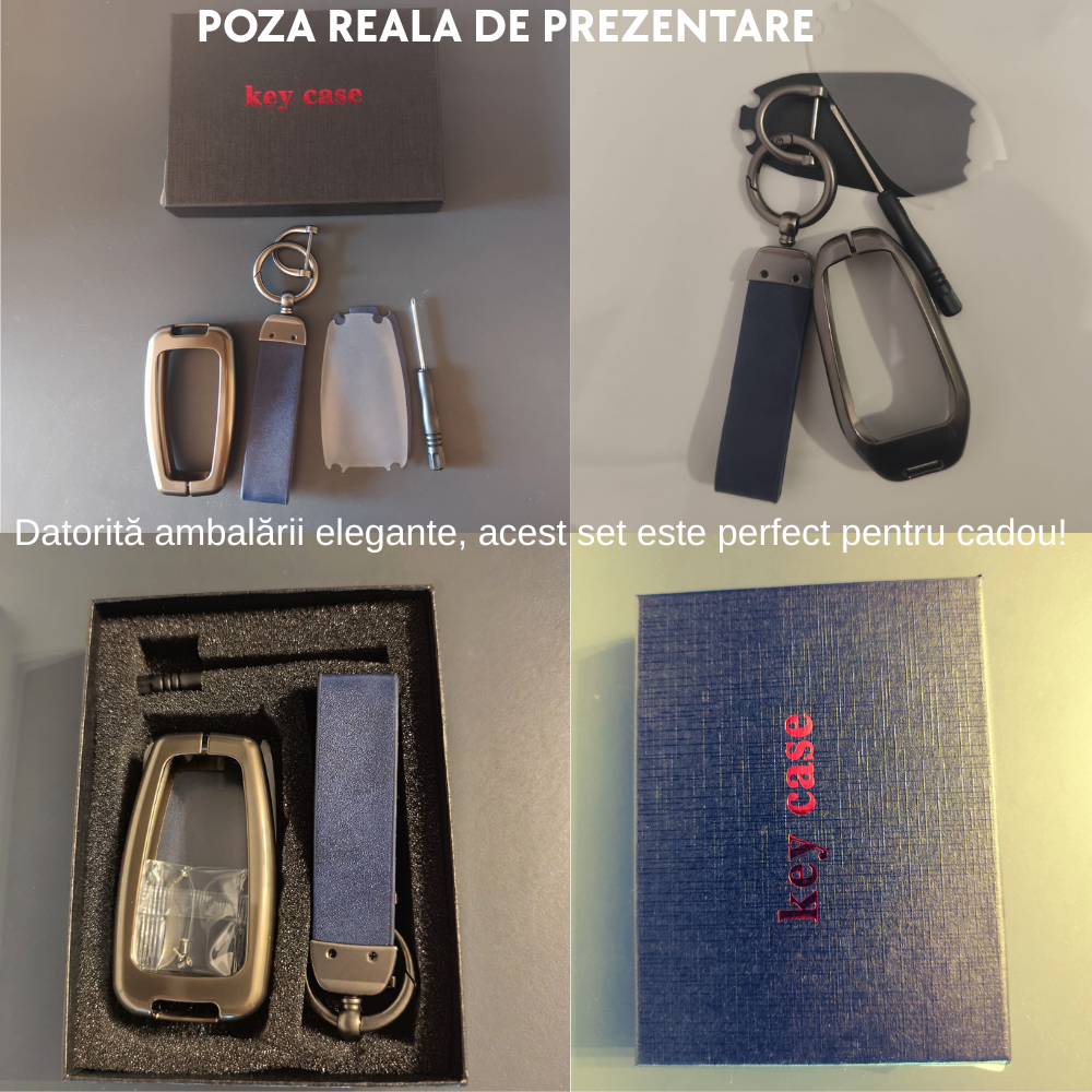 Husa cheie auto premium dedicata VW/Skoda/Seat 2012+ din aliaj si piele naturala – set complet, protecție elegantă & cutie cadou