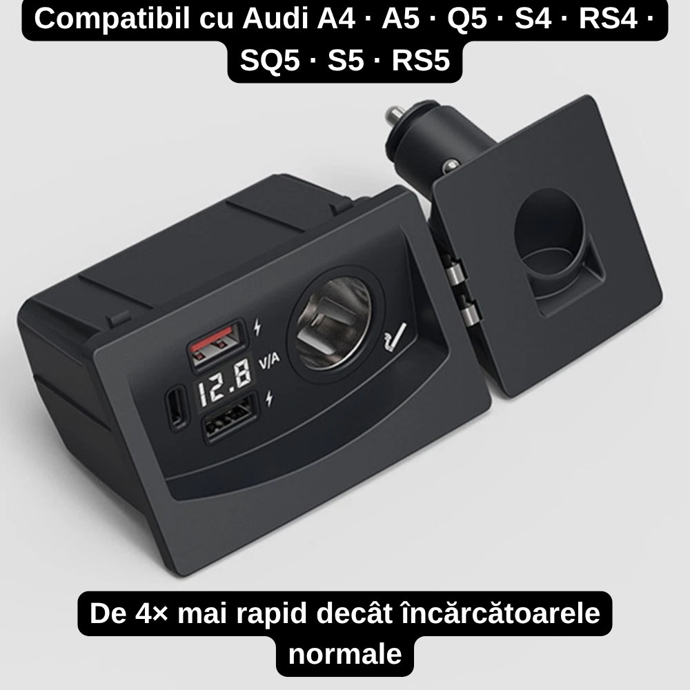 Încărcător Auto dedicat cu USB Fast Charging pentru Audi A4/A5/Q5 2008-2016 — Plug & Play în loc de Scrumieră | QC3.0 + Type-C PD2.0/3.0