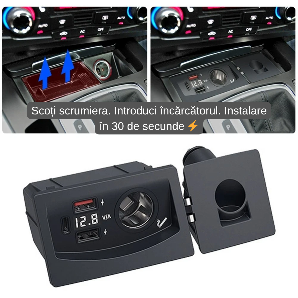 Încărcător Auto dedicat cu USB Fast Charging pentru Audi A4/A5/Q5 2008-2016 — Plug & Play în loc de Scrumieră | QC3.0 + Type-C PD2.0/3.0