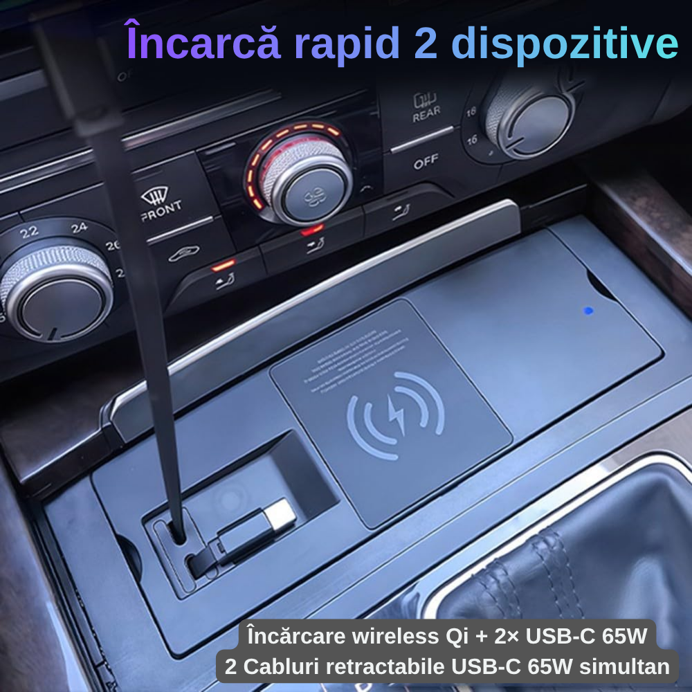 Încărcător Auto dedicat cu incarcare wireless si Dual USB-C 65W pentru Audi A6L / A7 / C7 2011-2018  — Plug & Play