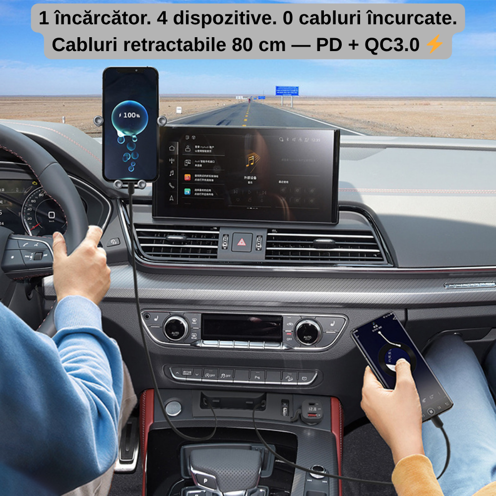 Încărcător Auto dedicat cu cabluri retractabile Fast Charging pentru Audi Q5 2018-2025  — Plug & Play în loc de Scrumieră | QC3.0 + Type-C PD2.0/3.0