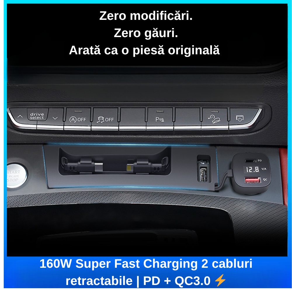 Încărcător Auto dedicat cu cabluri retractabile Fast Charging pentru Audi Q5 2018-2025  — Plug & Play în loc de Scrumieră | QC3.0 + Type-C PD2.0/3.0