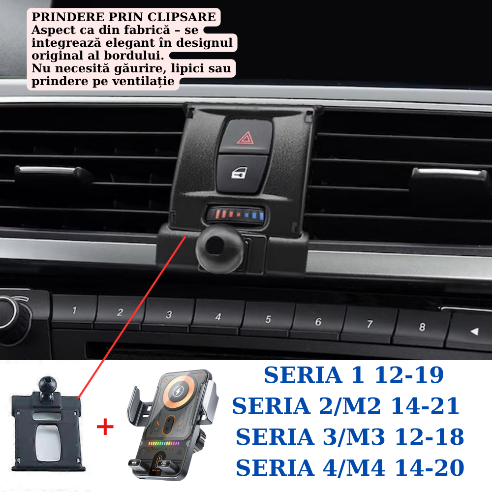 Suport telefon Smart cu prindere dedicata OEM pentru BMW Seria 1 12-19/Seria 2 14-21 /Seria 3 12-18/Seria 4 14-20