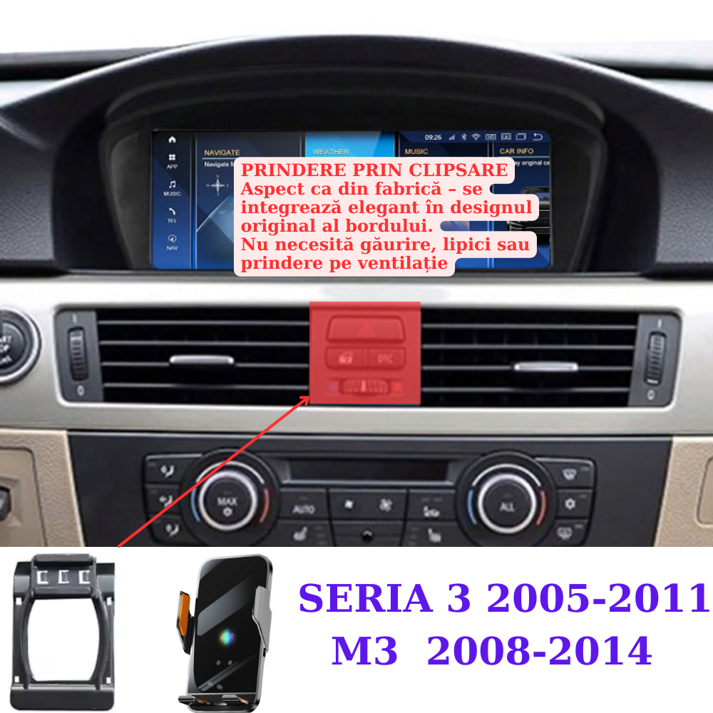 Suport telefon Smart cu prindere dedicata OEM pentru BMW Seria 3/M3 E90/E91/E92/93 05-11