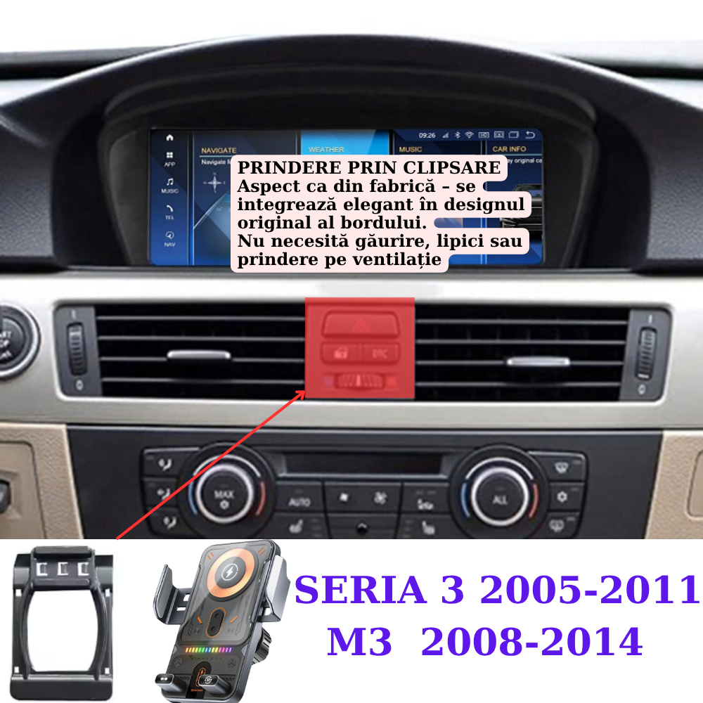 Suport telefon Smart cu prindere dedicata OEM pentru BMW Seria 3/M3 E90/E91/E92/93 05-11