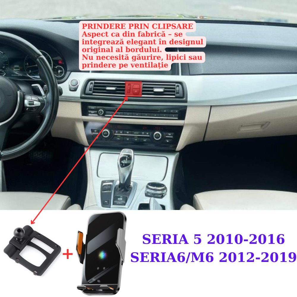 Suport telefon Smart cu prindere dedicata OEM pentru BMW 5 F10 2010-2016/Seria 6 2012-2019