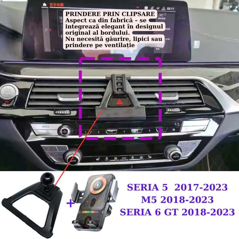 Suport telefon Smart cu prindere dedicata OEM pentru BMW Seria 5 G30 17-23/Seria 6 18-23