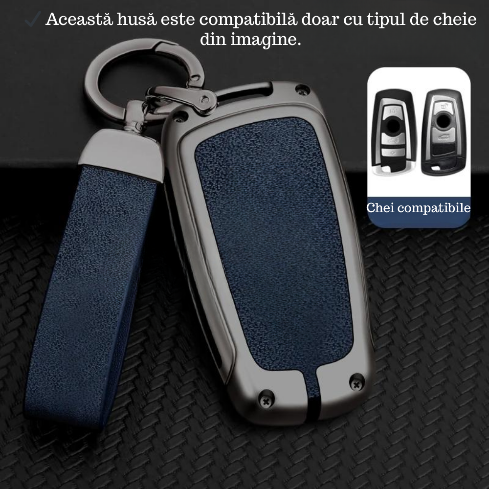 Husa cheie auto premium dedicata BMW X1 X2 X3 X4 X5 X6 Seria 1 2 3 5 6 2009+ din aliaj si piele naturala – set complet, protecție elegantă & cutie cadou