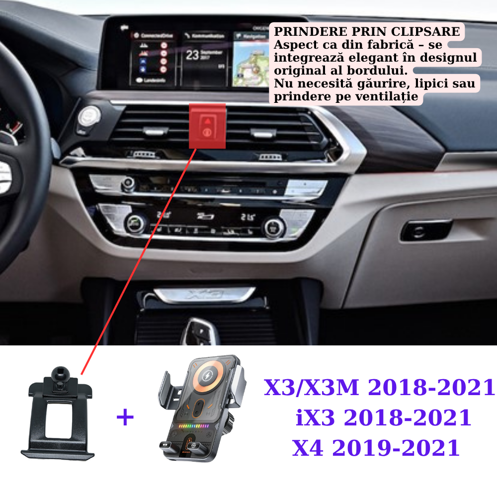 Suport telefon Smart cu prindere dedicata OEM pentru BMW X3/X4/iX3 2018-2021