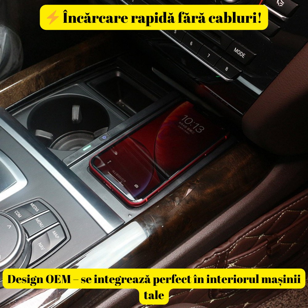 Încărcător wireless pentru BMW X5/X6 (2014-2018), montaj OEM dedicată plug&play, încărcare rapidă 15W, design integrat, LED ambiental