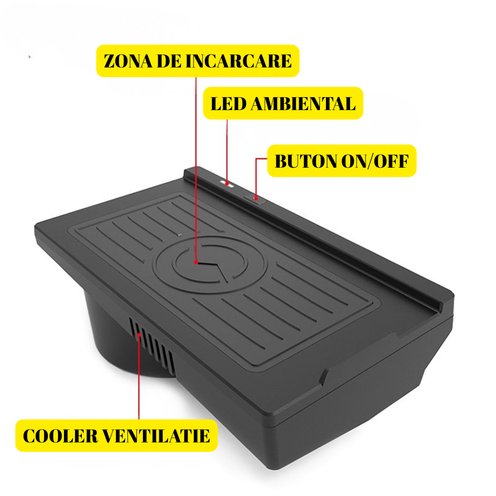 Încărcător wireless pentru BMW X5/X6 (2014-2018), montaj OEM dedicată plug&play, încărcare rapidă 15W, design integrat, LED ambiental