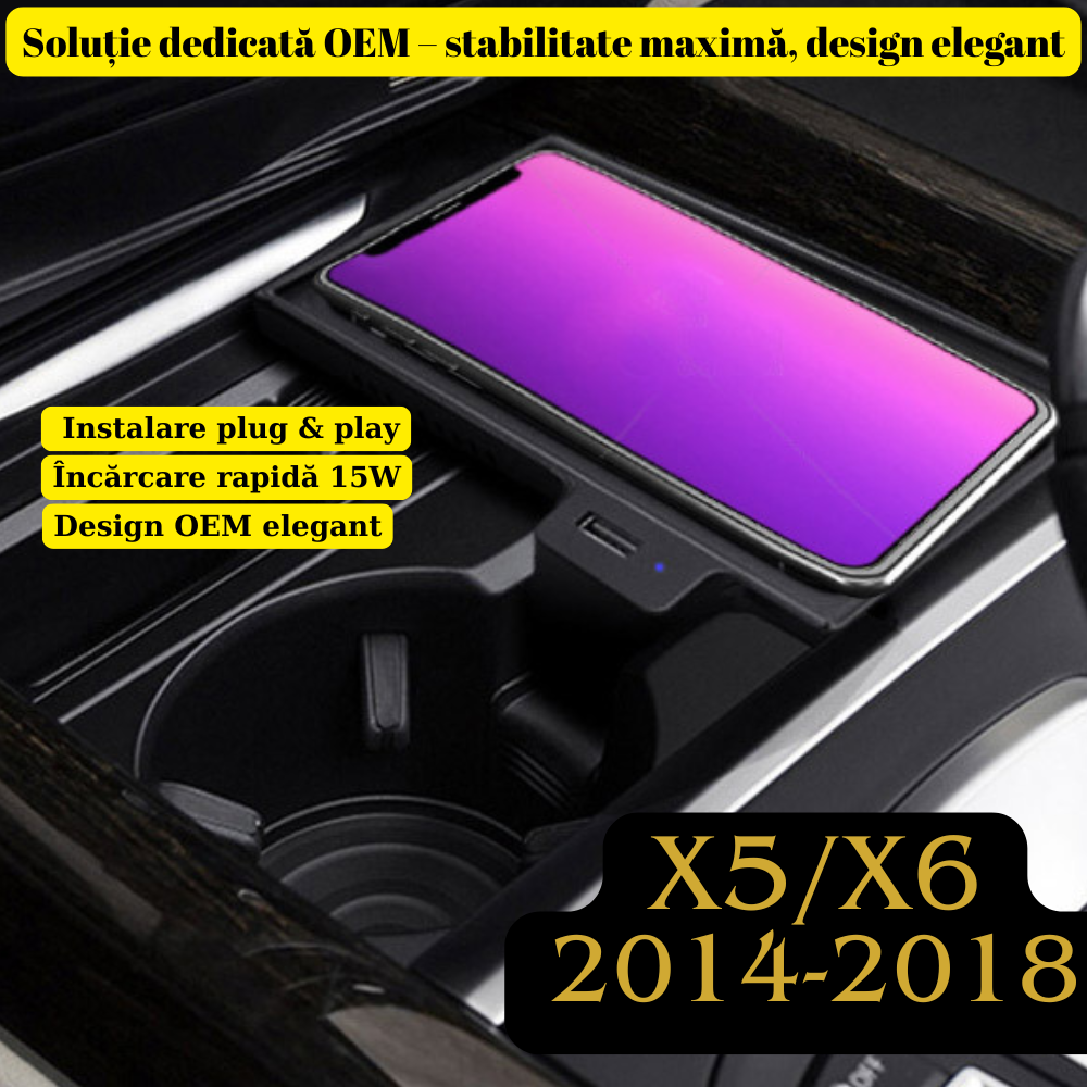 Încărcător wireless pentru BMW X5/X6 (2014-2018), montaj OEM dedicată plug&play, încărcare rapidă 15W, design integrat, LED ambiental