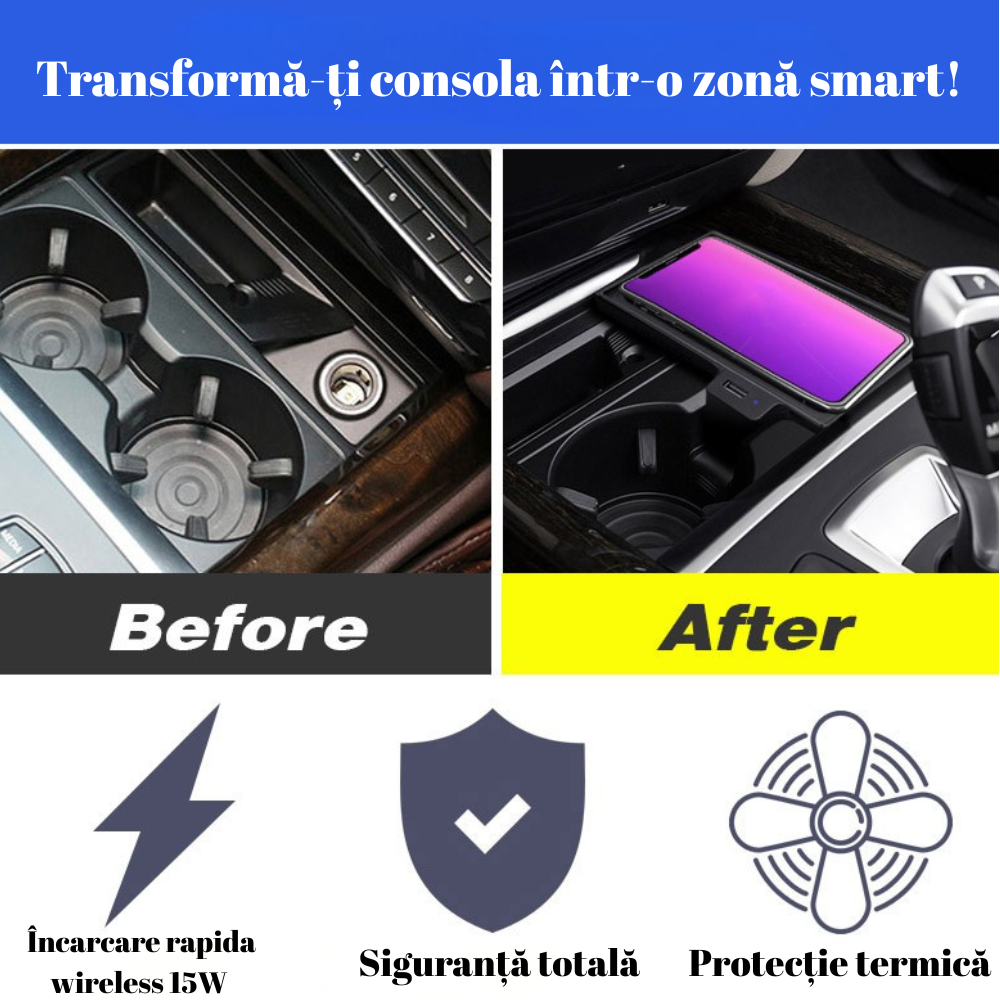 Încărcător wireless pentru BMW X5/X6 (2014-2018), montaj OEM dedicată plug&play, încărcare rapidă 15W, design integrat, LED ambiental
