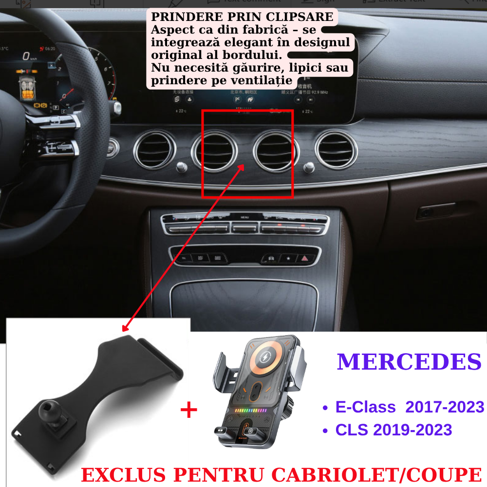 Suport telefon Smart cu prindere dedicata OEM pentru Mercedes E CLASS 2017-2023/ CLS 2019-2023