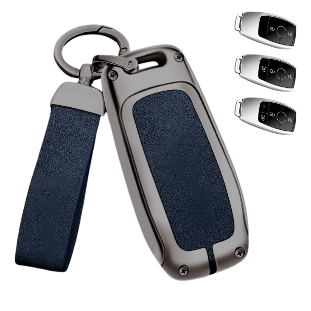 Husa cheie auto premium dedicata Mercedes Benz Clasa A B C E S G GLC CLE CLA W177 W205 W213 W222 X167 AMG 2010+ din aliaj si piele naturala – set complet, protecție elegantă & cutie cadou