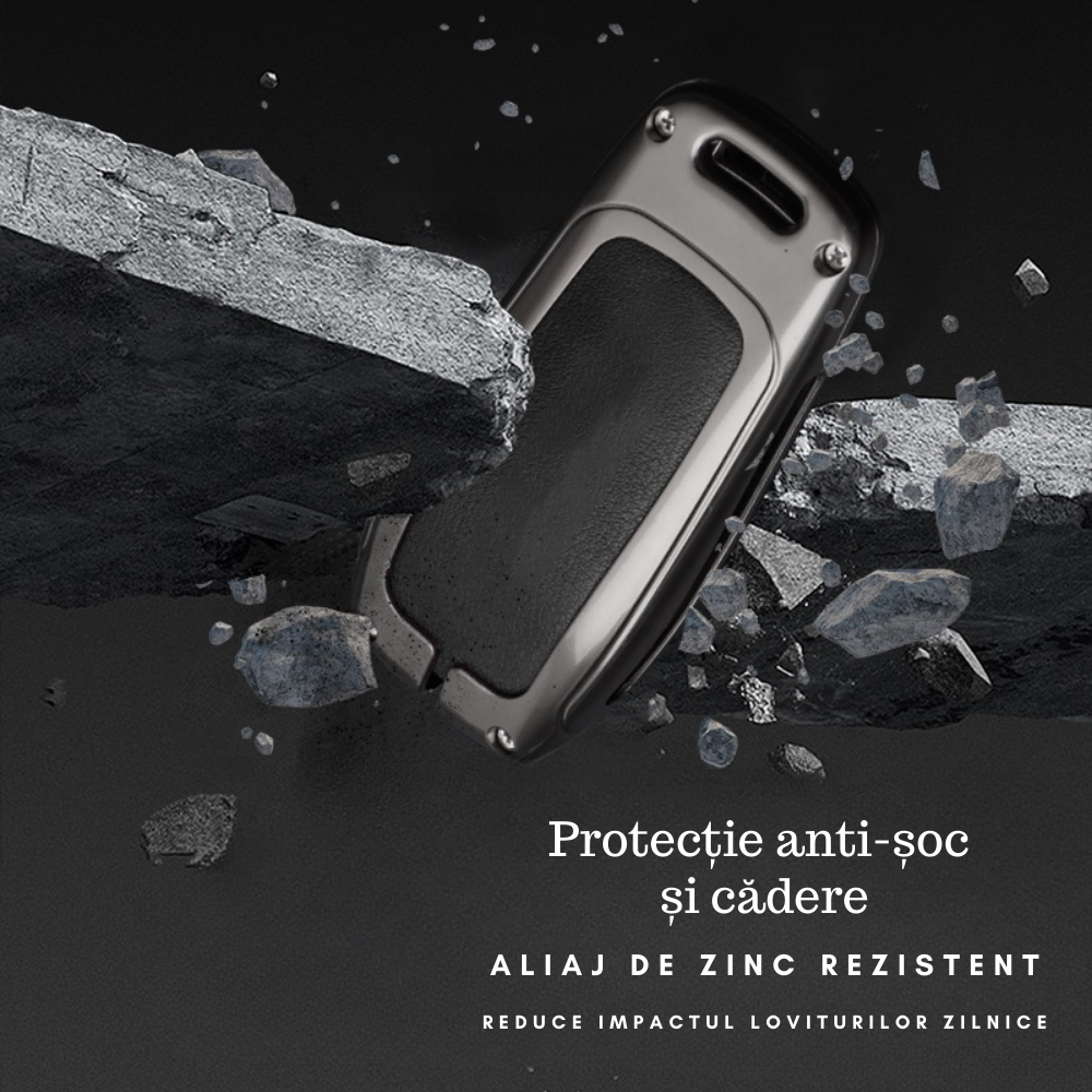 Husa cheie auto premium dedicata Mercedes Benz Clasa A B C E S G GLC CLE CLA W177 W205 W213 W222 X167 AMG 2010+ din aliaj si piele naturala – set complet, protecție elegantă & cutie cadou