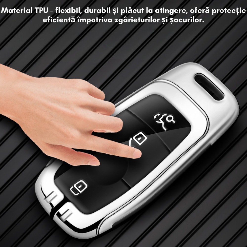 Husa cheie auto premium dedicata Mercedes Benz Clasa A B C E S G GLC CLE CLA W177 W205 W213 W222 X167 AMG 2010+ din aliaj si piele naturala – set complet, protecție elegantă & cutie cadou