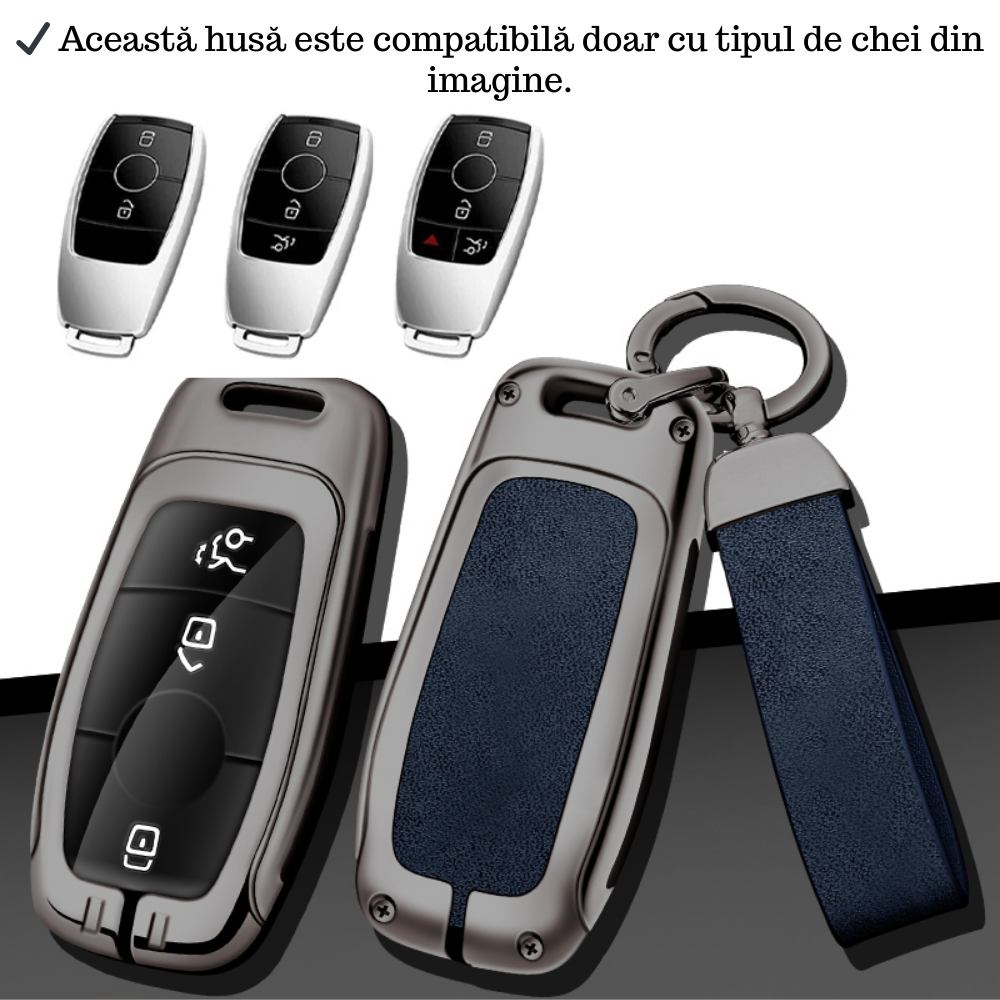 Husa cheie auto premium dedicata Mercedes Benz Clasa A B C E S G GLC CLE CLA W177 W205 W213 W222 X167 AMG 2010+ din aliaj si piele naturala – set complet, protecție elegantă & cutie cadou