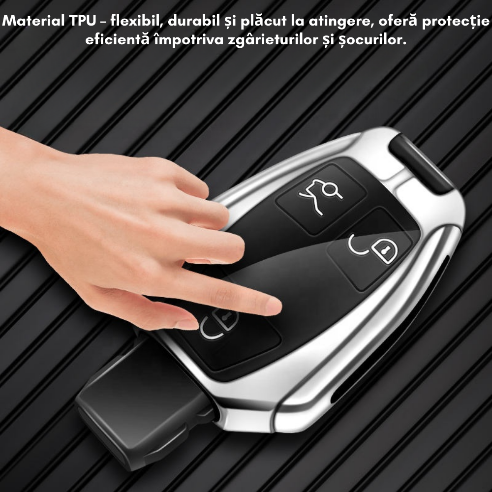 Husa cheie auto premium dedicata Mercedes Benz A B C CL CLK CLS E G GL M R S SL SLK Vito Sprinter Viano 2005 + din aliaj si piele naturala – set complet, protecție elegantă & cutie cadou