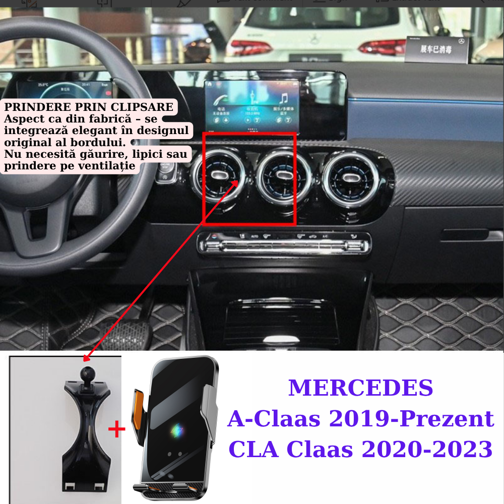 Suport telefon Smart cu prindere dedicata OEM pentru MERCEDES A Class 2019-prezent / CLA 2020-2023