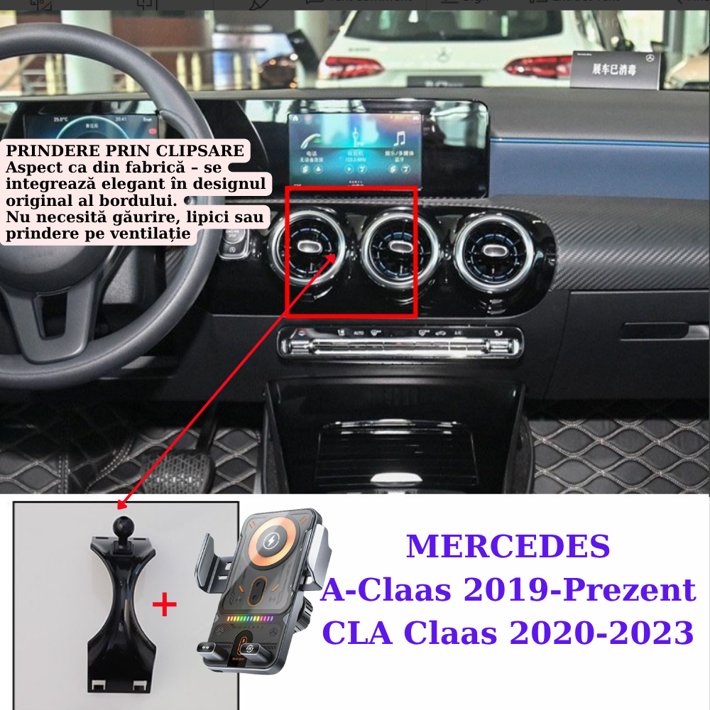 Suport telefon Smart cu prindere dedicata OEM pentru MERCEDES A Class 2019-prezent / CLA 2020-2023