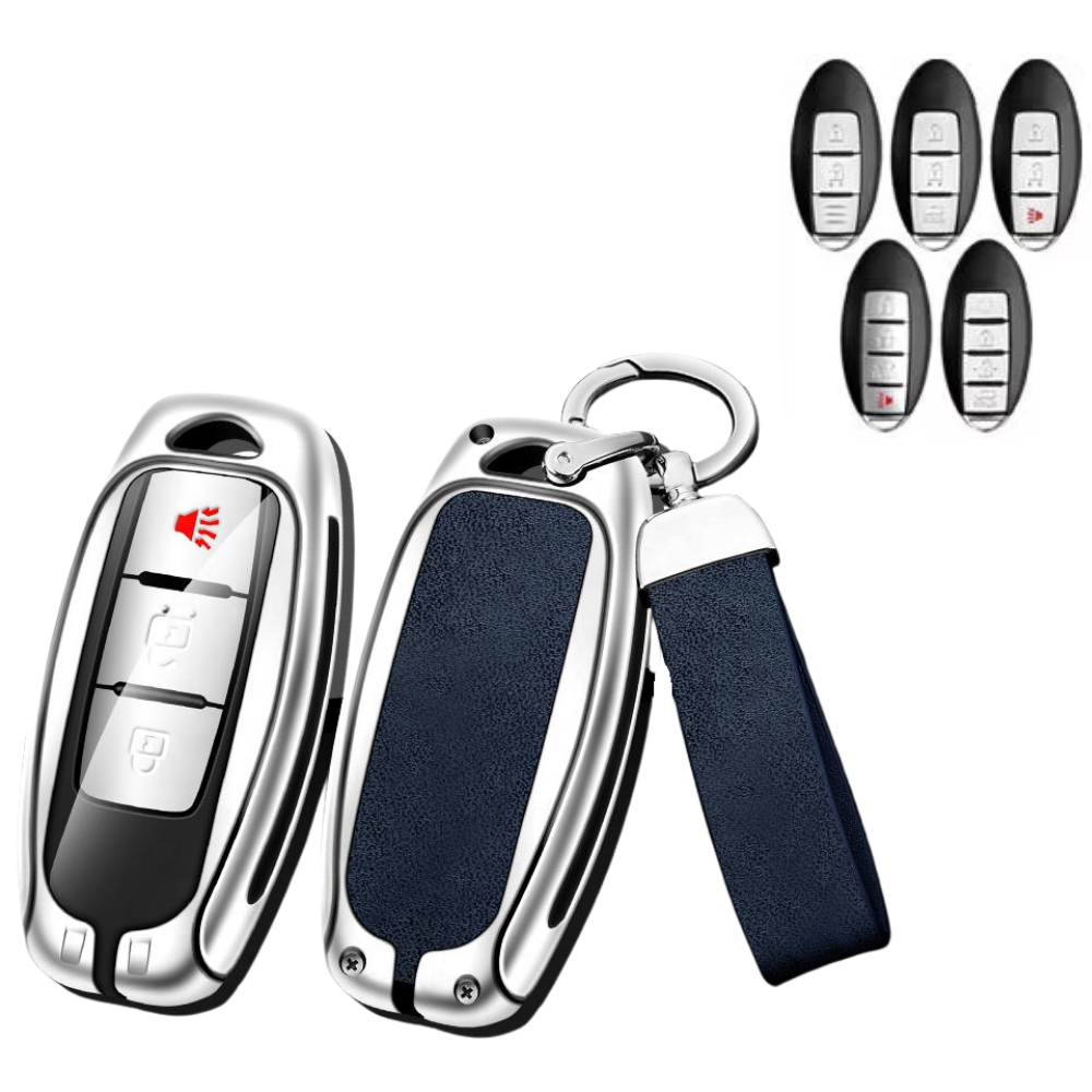 Husa cheie auto premium dedicata Nissan Qashqai Juke J10 J11 X-Trail T32 T31 din aliaj si piele naturala – set complet, protecție elegantă & cutie cadou