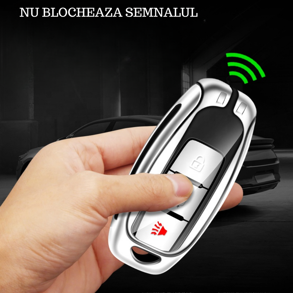 Husa cheie auto premium dedicata Nissan Qashqai Juke J10 J11 X-Trail T32 T31 din aliaj si piele naturala – set complet, protecție elegantă & cutie cadou