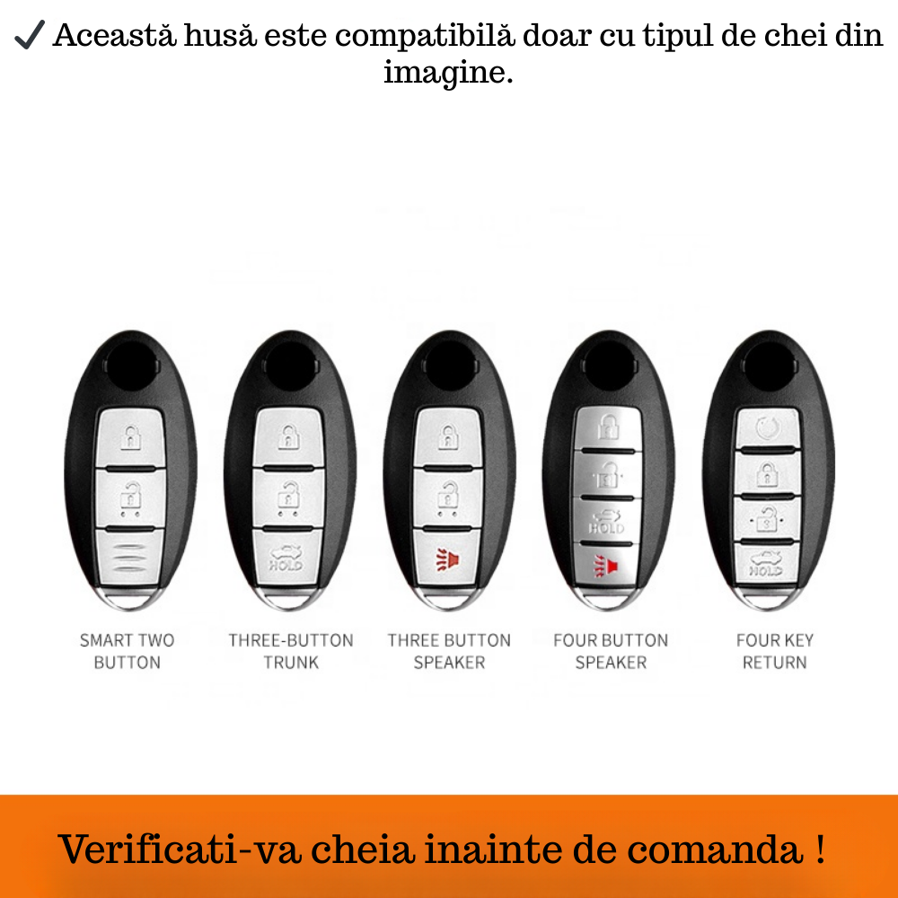 Husa cheie auto premium dedicata Nissan Qashqai Juke J10 J11 X-Trail T32 T31 din aliaj si piele naturala – set complet, protecție elegantă & cutie cadou