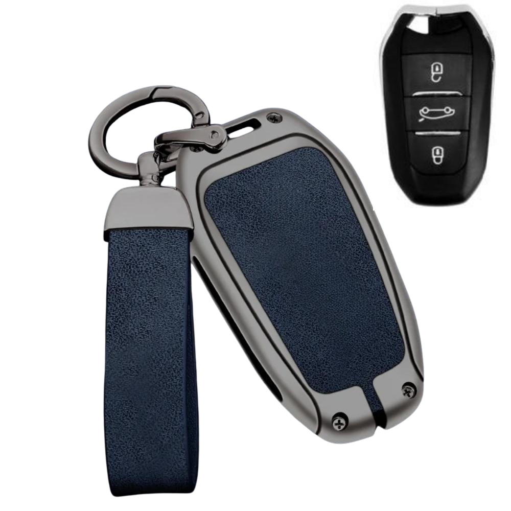 Husa cheie auto premium dedicata Peugeot 107 206 208 306 307 308 508 2008 3008 4008 5008 din aliaj si piele naturala – set complet, protecție elegantă & cutie cadou