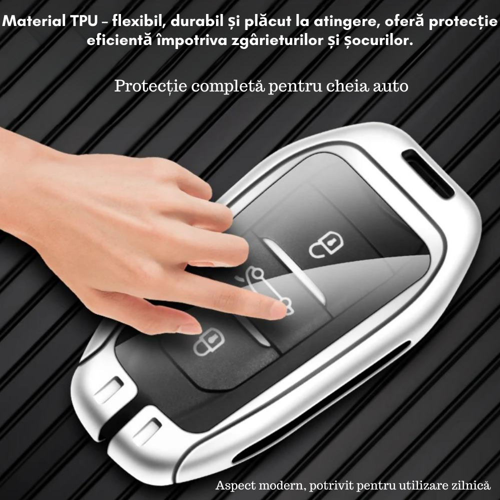 Husa cheie auto premium dedicata Peugeot 107 206 208 306 307 308 508 2008 3008 4008 5008 din aliaj si piele naturala – set complet, protecție elegantă & cutie cadou