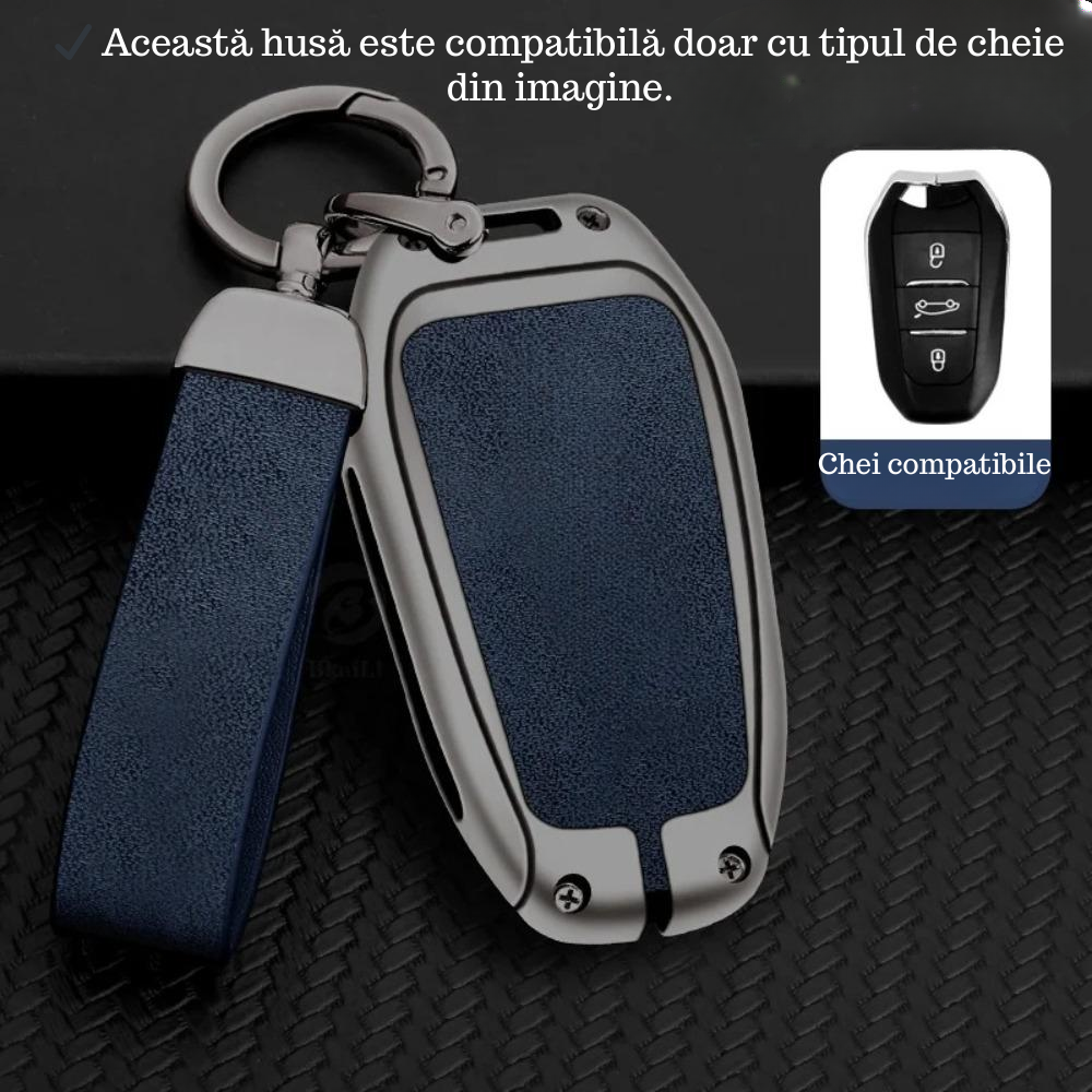 Husa cheie auto premium dedicata Peugeot 107 206 208 306 307 308 508 2008 3008 4008 5008 din aliaj si piele naturala – set complet, protecție elegantă & cutie cadou