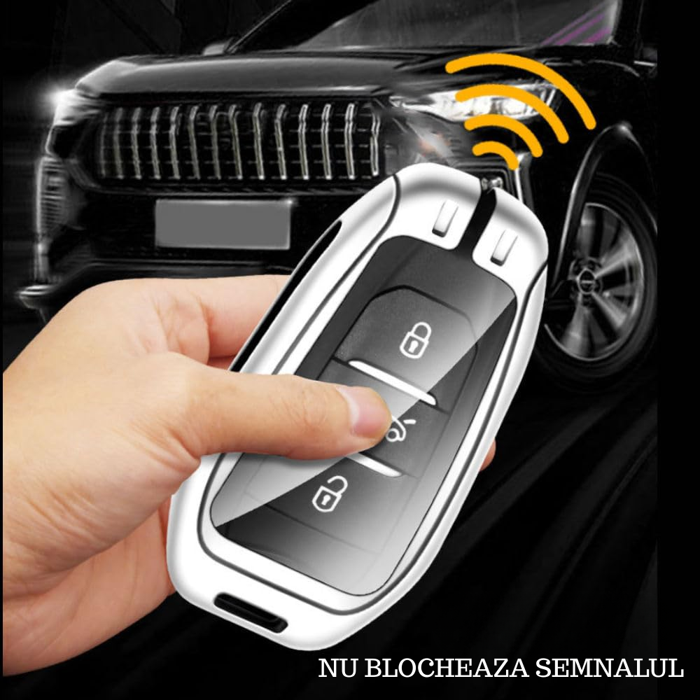 Husa cheie auto premium dedicata Peugeot 107 206 208 306 307 308 508 2008 3008 4008 5008 din aliaj si piele naturala – set complet, protecție elegantă & cutie cadou