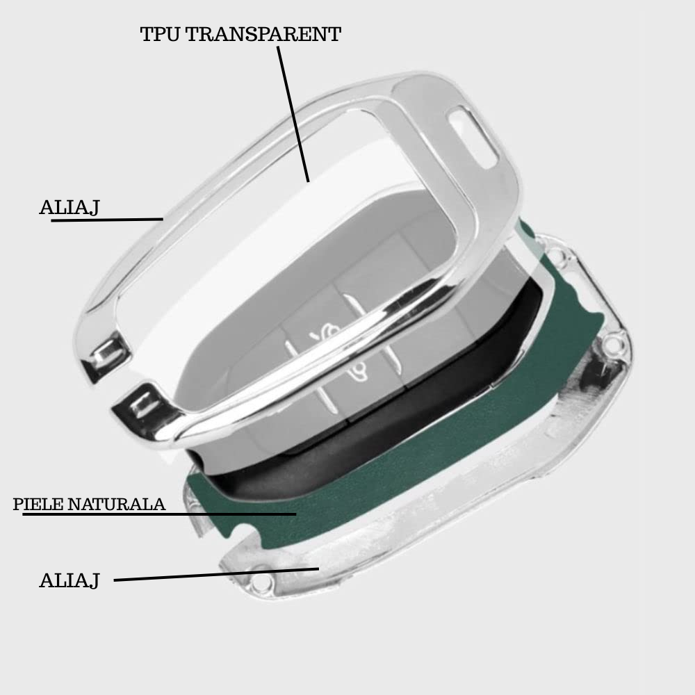 Husa cheie auto premium dedicata Peugeot 107 206 208 306 307 308 508 2008 3008 4008 5008 din aliaj si piele naturala – set complet, protecție elegantă & cutie cadou