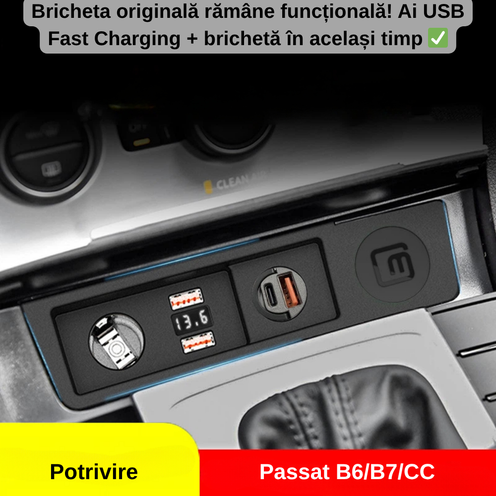 Încărcător Auto dedicat cu USB Fast Charging pentru Volkswagen Passat B6/B7/CC 2005-2014  — Plug & Play în loc de Scrumieră | QC3.0 + Type-C PD2.0/3.0