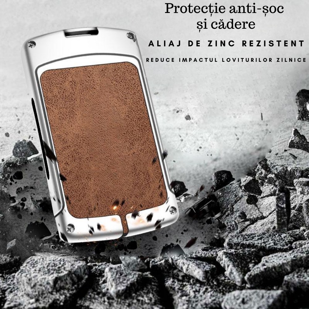 Husa cheie auto premium dedicata Renault/Dacia 2008 + din aliaj si piele naturala – set complet, protecție elegantă & cutie cadou