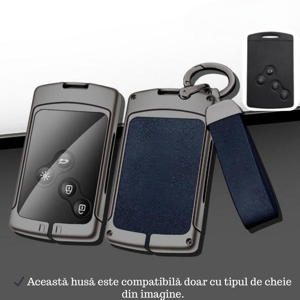 Husa cheie auto premium dedicata Renault/Dacia 2008 + din aliaj si piele naturala – set complet, protecție elegantă & cutie cadou
