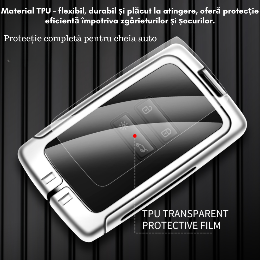 Husa cheie auto premium dedicata Renault/Dacia 2015 + din aliaj si piele naturala – set complet, protecție elegantă & cutie cadou