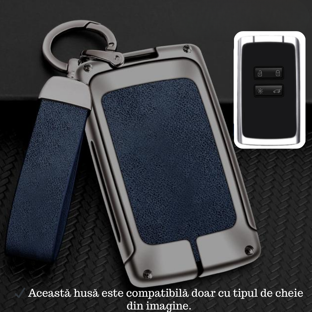 Husa cheie auto premium dedicata Renault/Dacia 2015 + din aliaj si piele naturala – set complet, protecție elegantă & cutie cadou