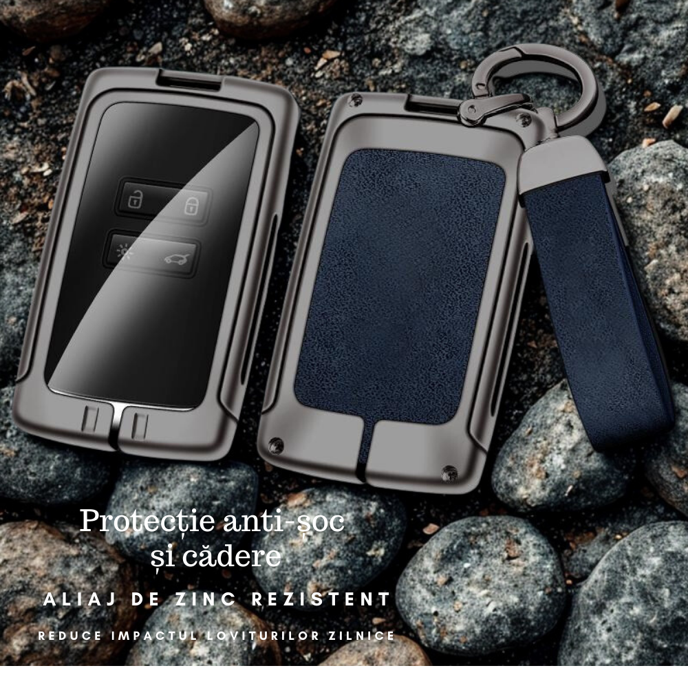 Husa cheie auto premium dedicata Renault/Dacia 2015 + din aliaj si piele naturala – set complet, protecție elegantă & cutie cadou