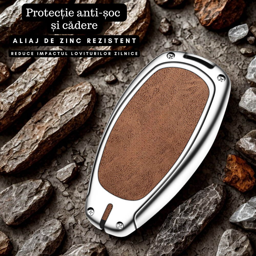 Husa cheie auto premium dedicata VW/Skoda/Seat Touareg 2005+ din aliaj si piele naturala – set complet, protecție elegantă & cutie cadou