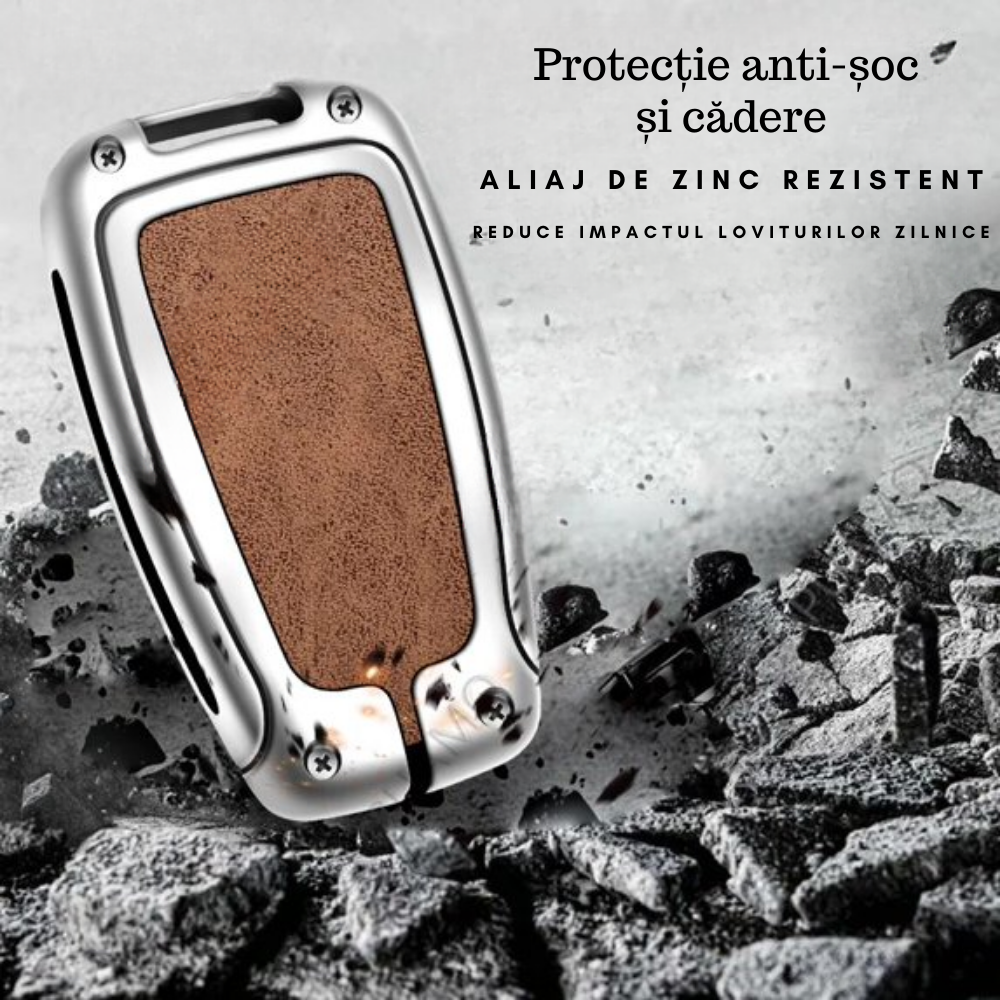 Husa cheie auto premium dedicata  Toyota Camry, Corolla, CH-R, RAV4, Highlander,Yaris, Auris, Avensis din aliaj si piele naturala – set complet, protecție elegantă & cutie cadou