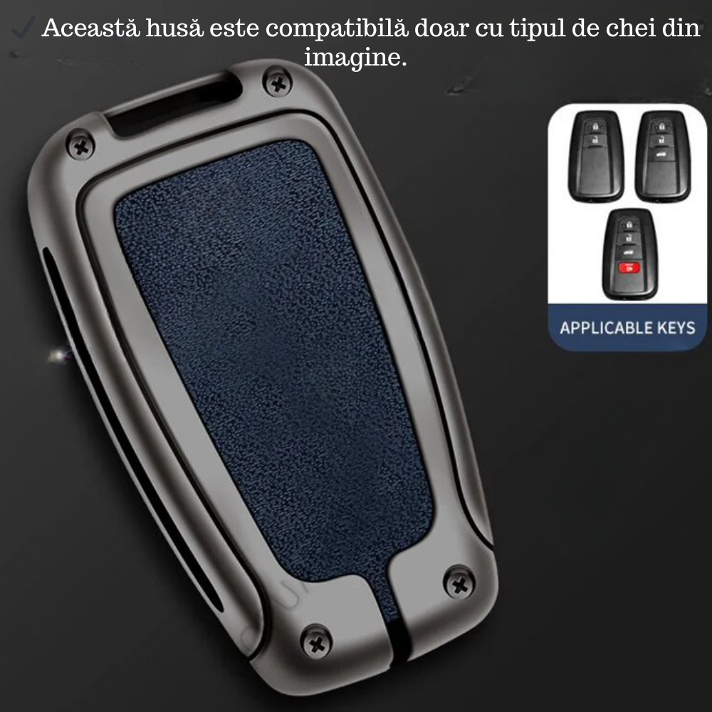 Husa cheie auto premium dedicata  Toyota Camry, Corolla, CH-R, RAV4, Highlander,Yaris, Auris, Avensis din aliaj si piele naturala – set complet, protecție elegantă & cutie cadou