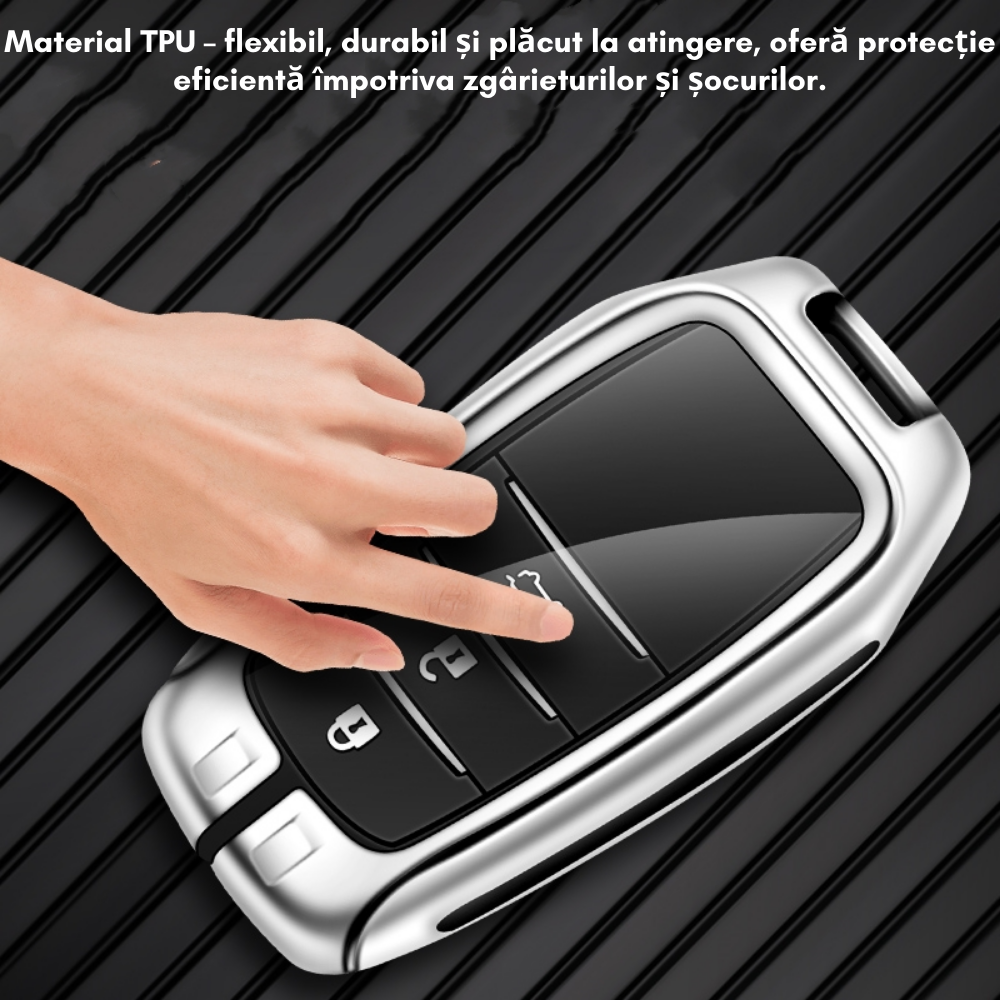 Husa cheie auto premium dedicata  Toyota Camry, Corolla, CH-R, RAV4, Highlander,Yaris, Auris, Avensis din aliaj si piele naturala – set complet, protecție elegantă & cutie cadou
