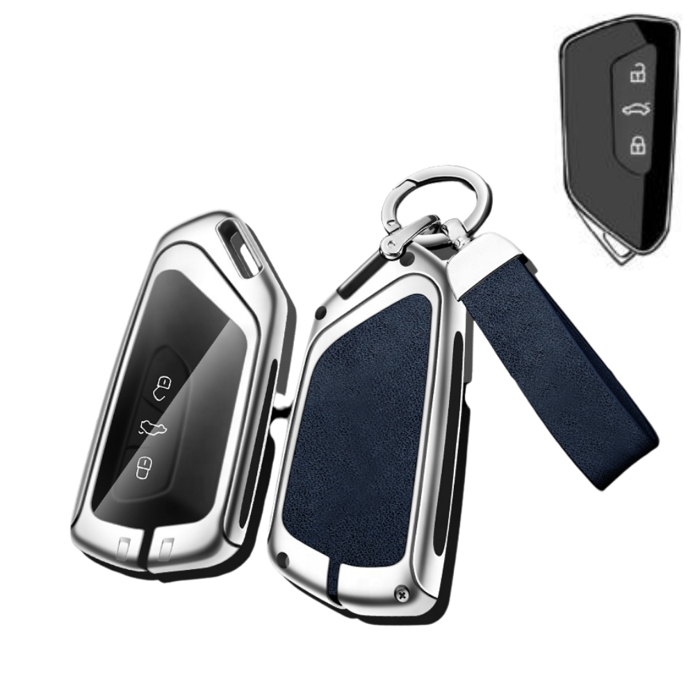 Husa cheie auto premium dedicata VW/Skoda/Seat 2019+ din aliaj si piele naturala – set complet, protecție elegantă & cutie cadou