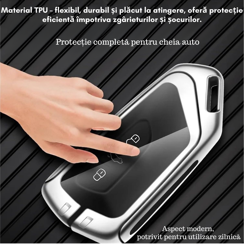 Husa cheie auto premium dedicata VW/Skoda/Seat 2019+ din aliaj si piele naturala – set complet, protecție elegantă & cutie cadou