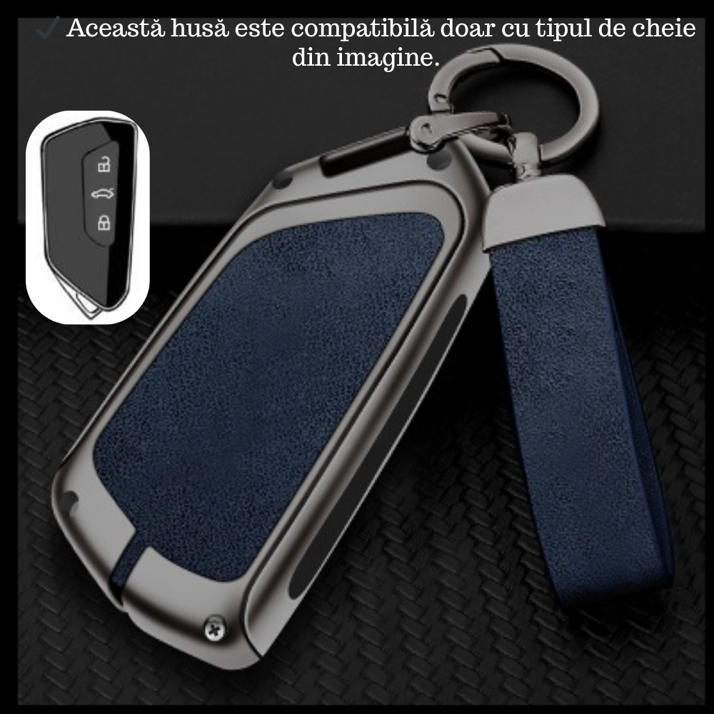 Husa cheie auto premium dedicata VW/Skoda/Seat 2019+ din aliaj si piele naturala – set complet, protecție elegantă & cutie cadou