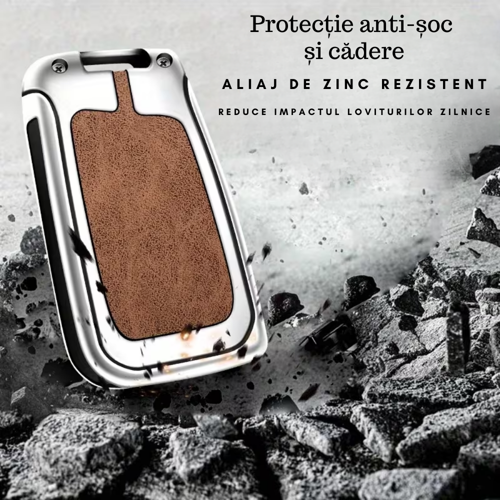 Husa cheie auto premium dedicata VW/Skoda/Seat 2005+  din aliaj si piele naturala – set complet, protecție elegantă & cutie cadou