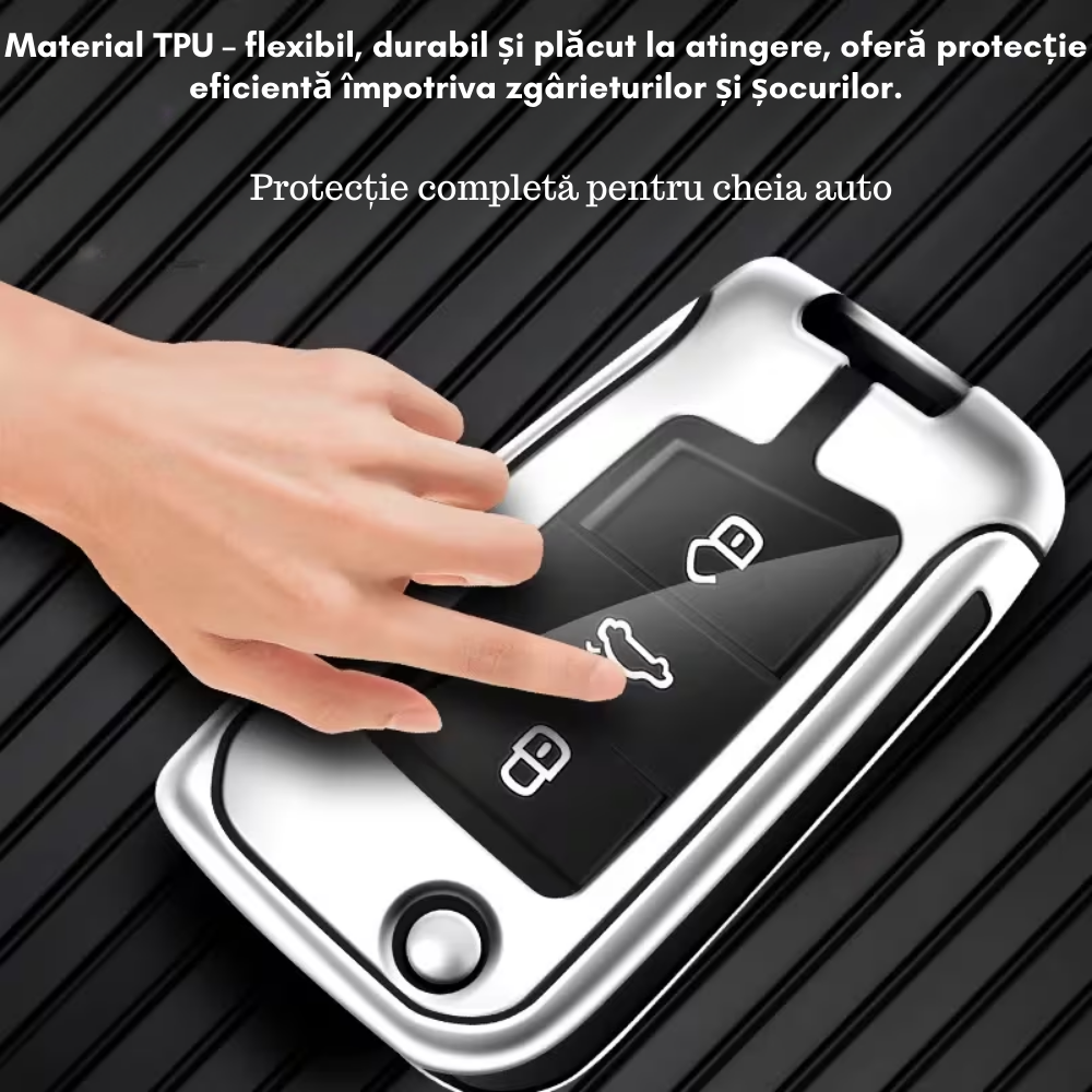 Husa cheie auto premium dedicata VW/Skoda/Seat 2005+  din aliaj si piele naturala – set complet, protecție elegantă & cutie cadou