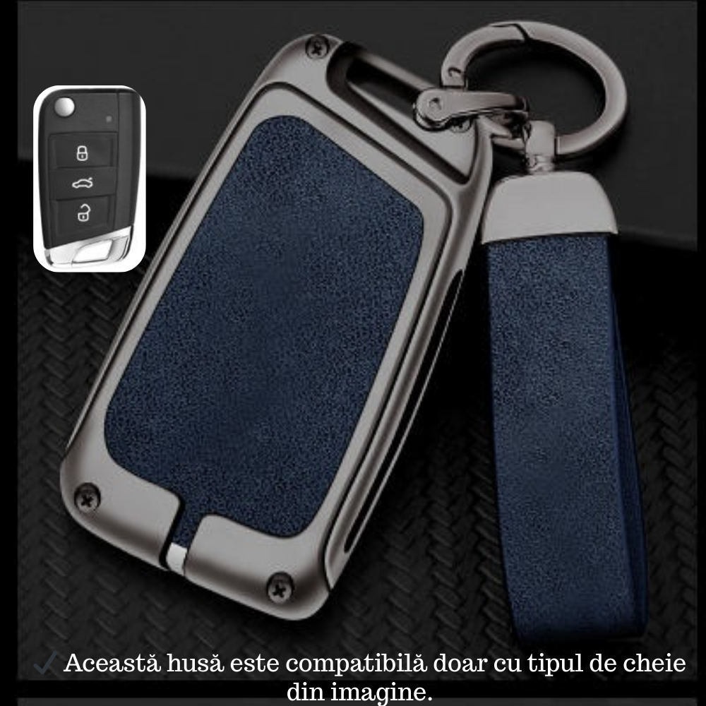 Husa cheie auto premium dedicata VW/Skoda/Seat 2005+  din aliaj si piele naturala – set complet, protecție elegantă & cutie cadou