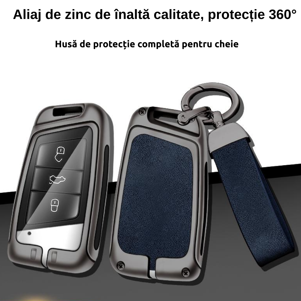Husa cheie auto premium dedicata VW/Skoda/Seat 2012+ din aliaj si piele naturala – set complet, protecție elegantă & cutie cadou